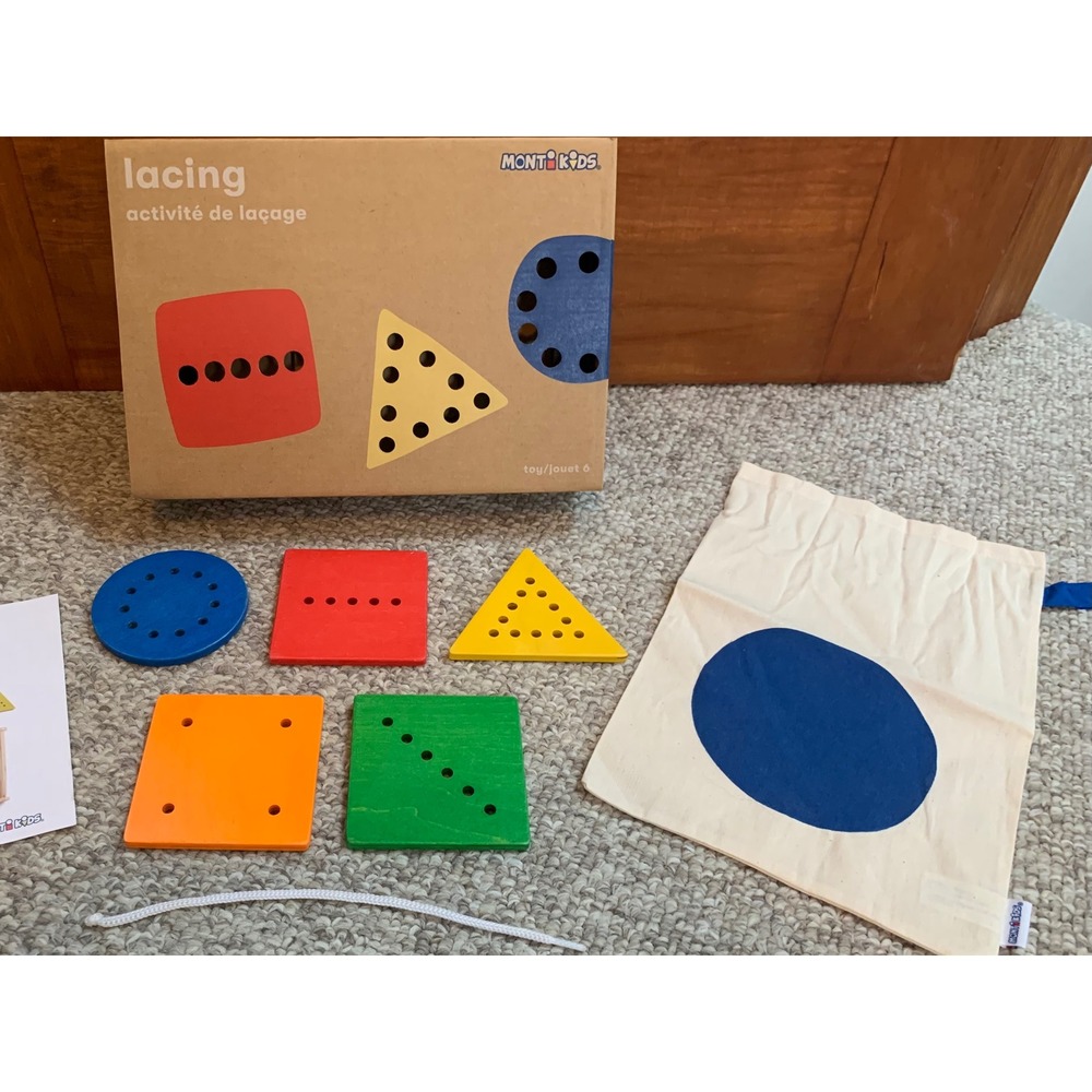 Monti Kids Level 7 Wooden Lacing Toy Montessori 18+ Months Toddler Activity Set
